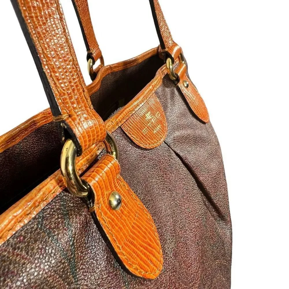 Etro Jacquard Fabric Paisley Tote Shoulder Bag Leather Trim w Serial # Authentic
